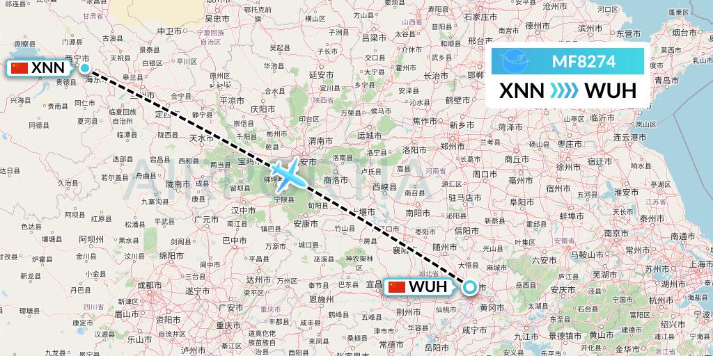 MF8274 Xiamen Airlines Flight Map: Xining to Wuhan