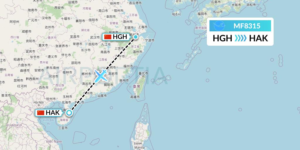 MF8315 Xiamen Airlines Flight Map: Hangzhou to Haikou