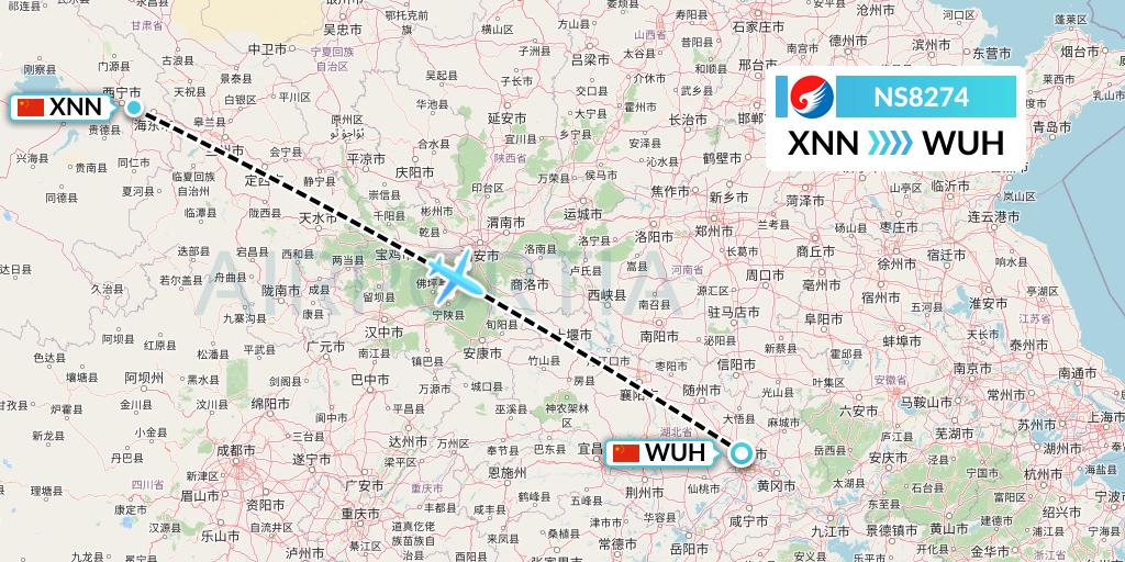 NS8274 Hebei Airlines Flight Map: Xining to Wuhan
