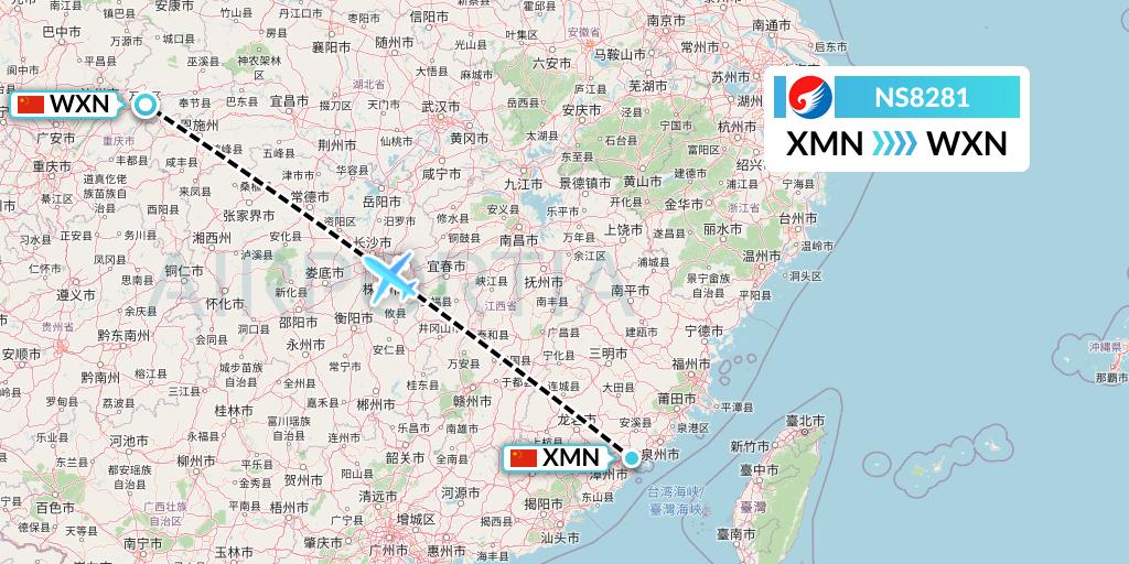 NS8281 Hebei Airlines Flight Map: Xiamen to Wanzhou