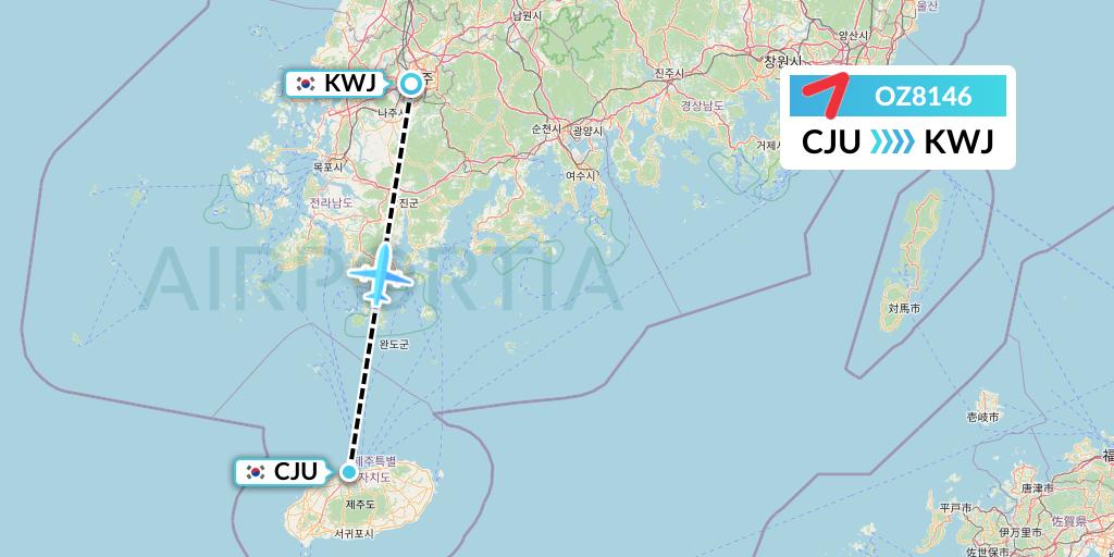 OZ8146 Asiana Airlines Flight Map: Jeju to Gwangju