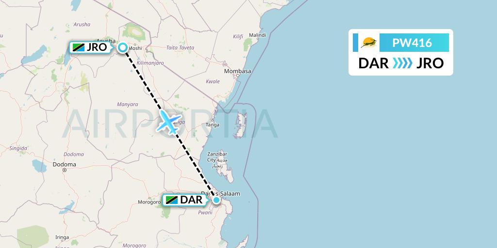 PW416 Precision Air Flight Map: Dar-es-Salaam to Kilimanjaro
