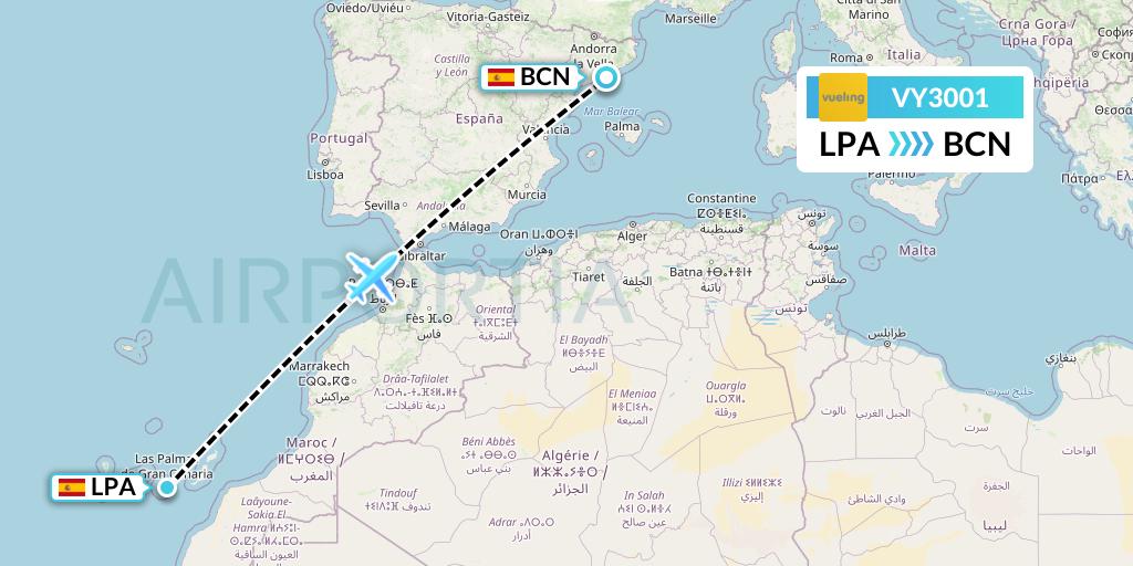 VY3001 Vueling Flight Map: Las Palmas to Barcelona