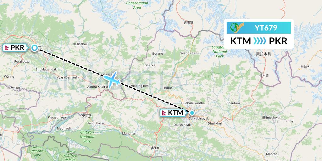 YT679 Yeti Airlines Flight Map: Kathmandu to Pokhara