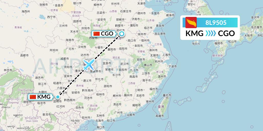 8L9505 Lucky Air Flight Map: Kunming to Zhengzhou