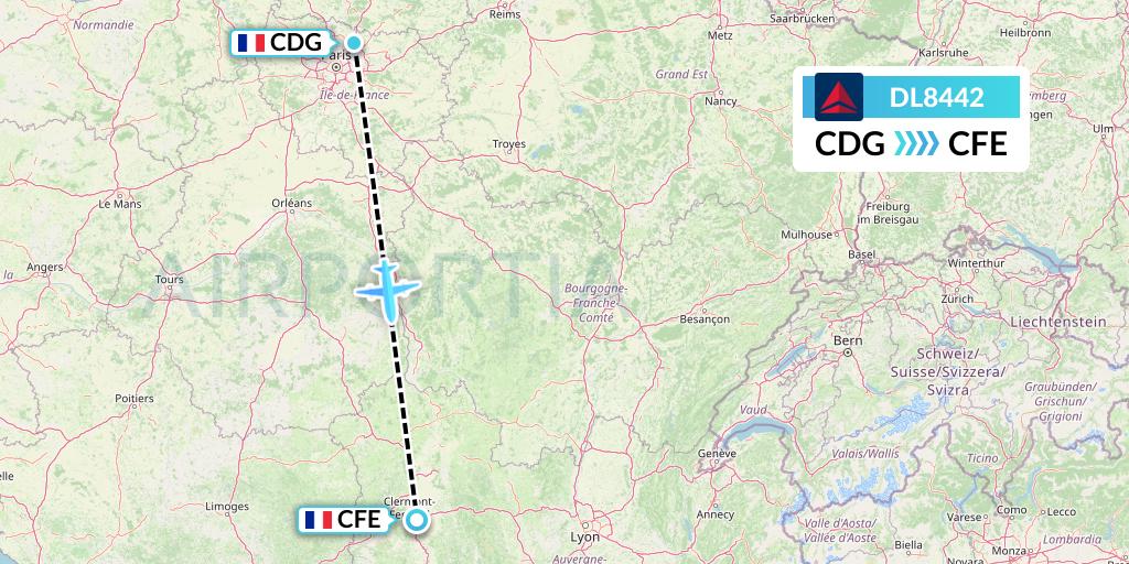 DL8442 Delta Air Lines Flight Map: Paris to Clermont-Ferrand