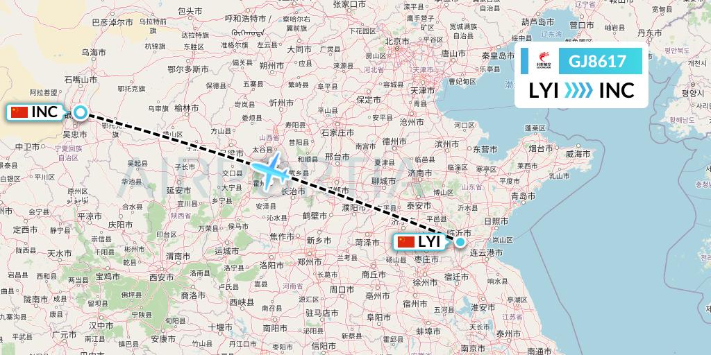 GJ8617 Loong Airlines Flight Map: Linyi to Yinchuan
