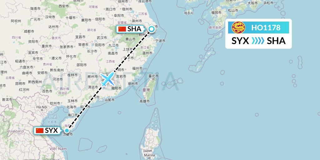 HO1178 Juneyao Airlines Flight Map: Sanya to Shanghai