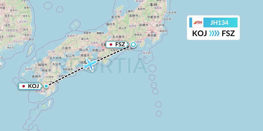 JH134 Fuji Dream Airlines Flight Map: Kagoshima to Shizuoka