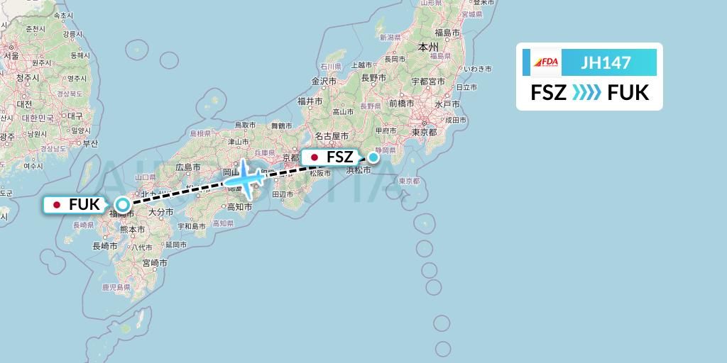 JH147 Fuji Dream Airlines Flight Map: Shizuoka to Fukuoka