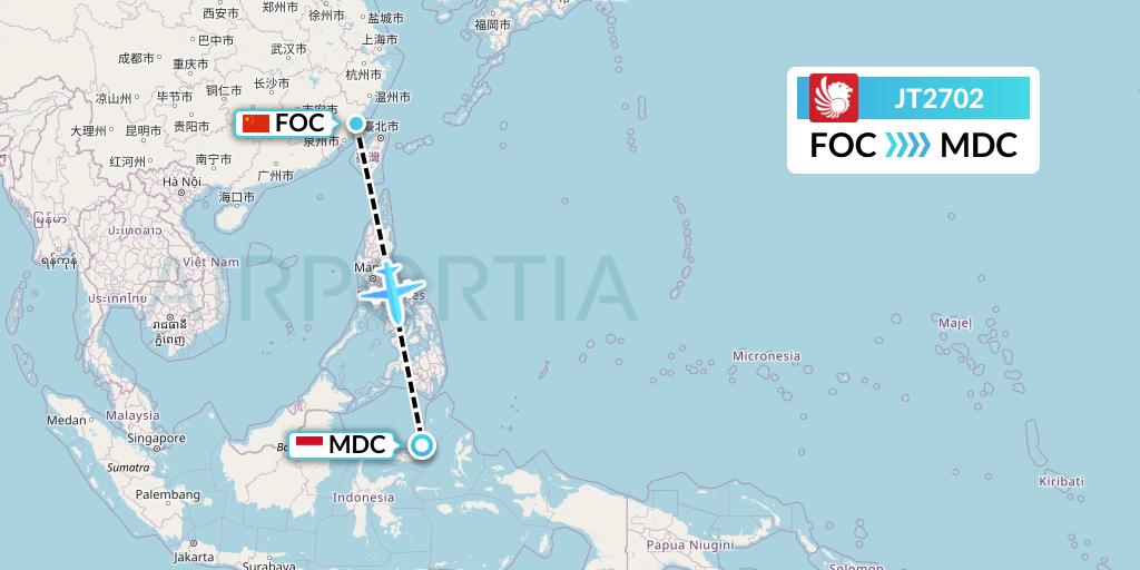JT2702 Lion Airlines Flight Map: Fuzhou to Manado