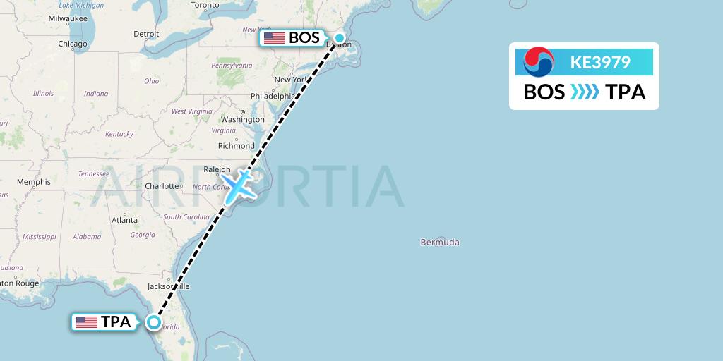 KE3979 Korean Air Flight Map: Boston to Tampa