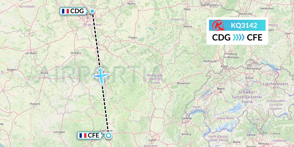 KQ3142 Kenya Airways Flight Map: Paris to Clermont-Ferrand