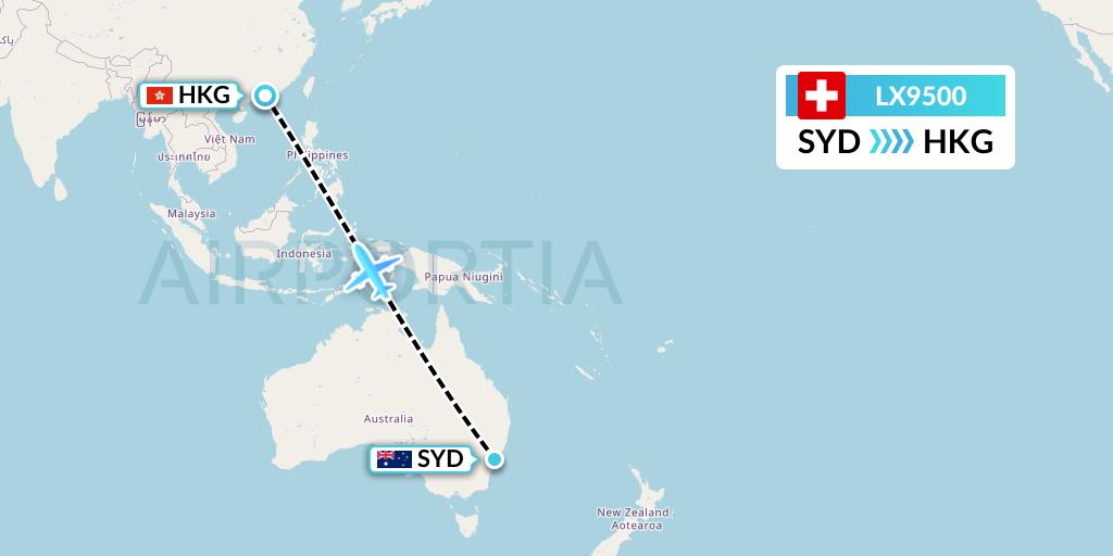 LX9500 Swiss Flight Map: Sydney to Hong Kong