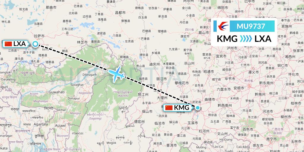 MU9737 China Eastern Airlines Flight Map: Kunming to Lhasa