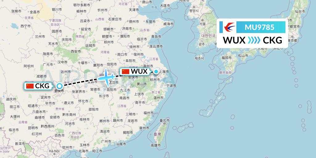 MU9785 China Eastern Airlines Flight Map: Wuxi to Chongqing