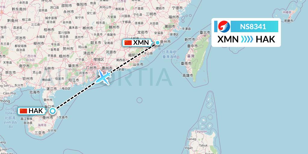NS8341 Hebei Airlines Flight Map: Xiamen to Haikou