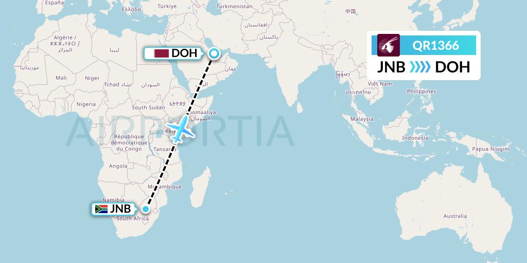 QR1366 Qatar Airways Flight Map: Johannesburg to Doha