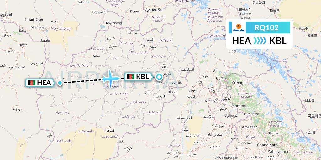 RQ102 Kam Air Flight Map: Herat to Kabul