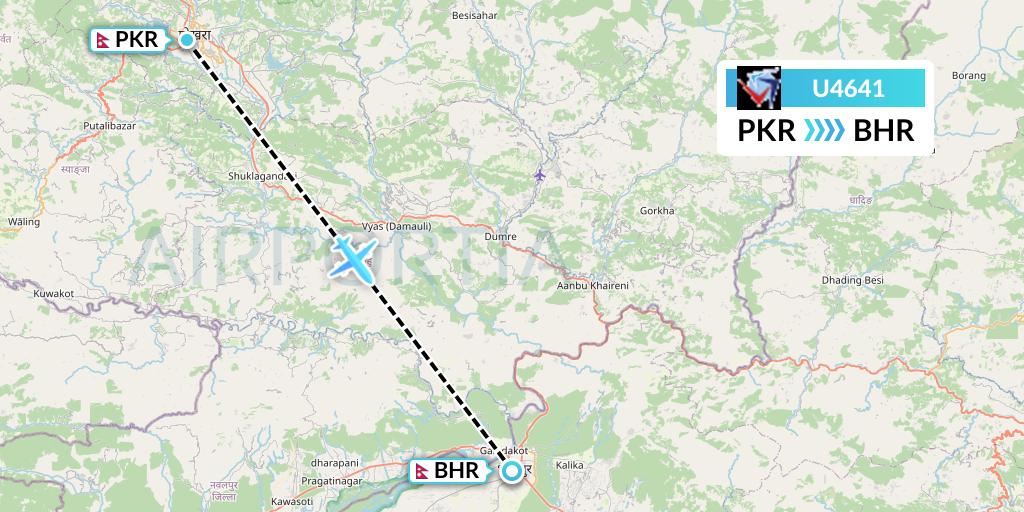 U4641 Buddha Air Flight Map: Pokhara to Bharatpur