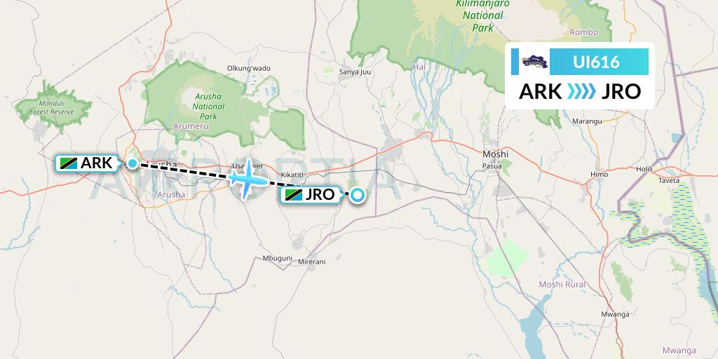 UI616 Auric Air Flight Map: Arusha to Kilimanjaro