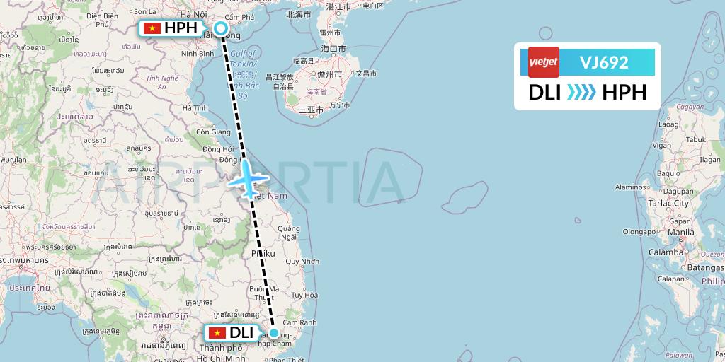 VJ692 VietJet Air Flight Map: Da Lat to Haiphong