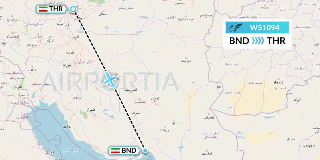 W51094 Mahan Air Flight Map: Bandar Abbas to Tehran