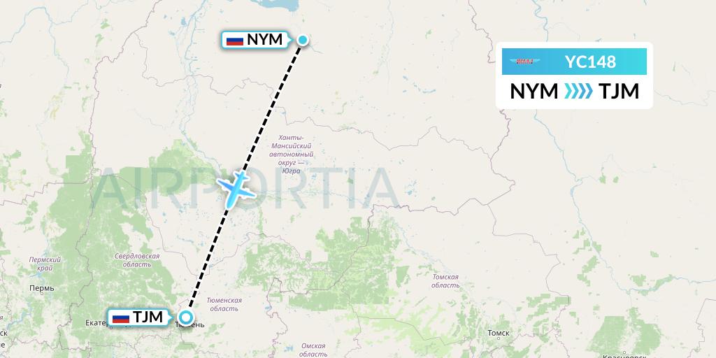 YC148 Yamal Airlines Flight Map: Nadym to Tyumen