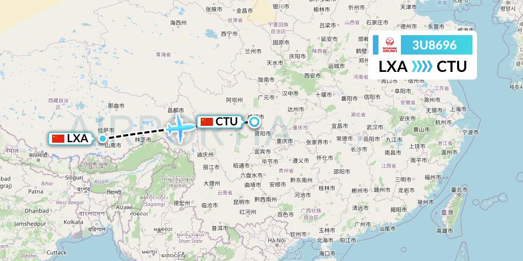 3U8696 Sichuan Airlines Flight Map: Lhasa to Chengdu