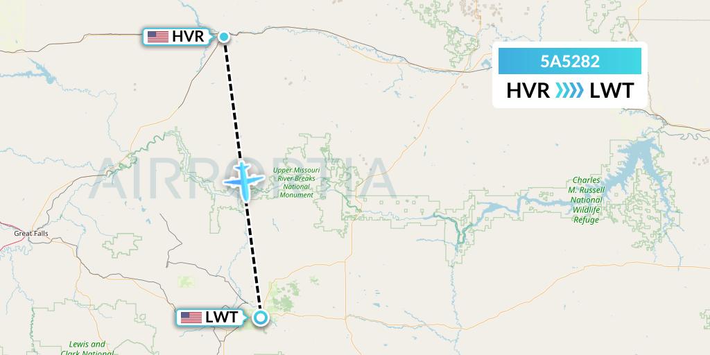 5A5282 Alpine Air Express Flight Map: Havre to Lewistown