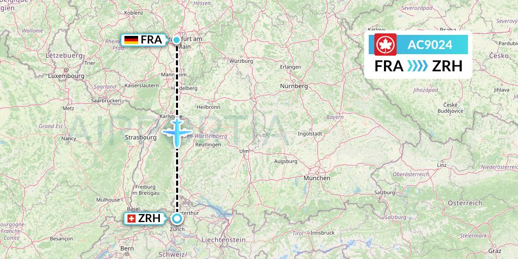 AC9024 Air Canada Flight Map: Frankfurt to Zurich