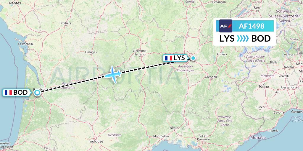 AF1498 Air France Flight Map: Lyon to Bordeaux