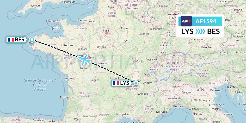 AF1594 Air France Flight Map: Lyon to Brest