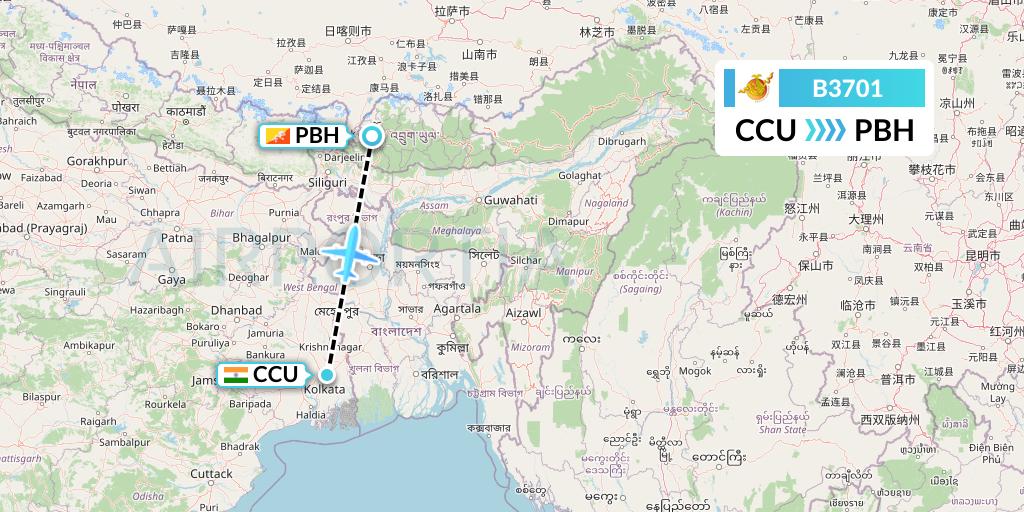 B3701 Bhutan Airlines Flight Map: Kolkata to Paro