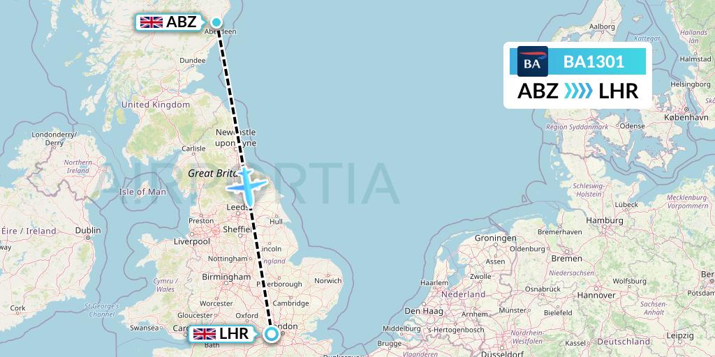 BA1301 British Airways Flight Map: Aberdeen to London