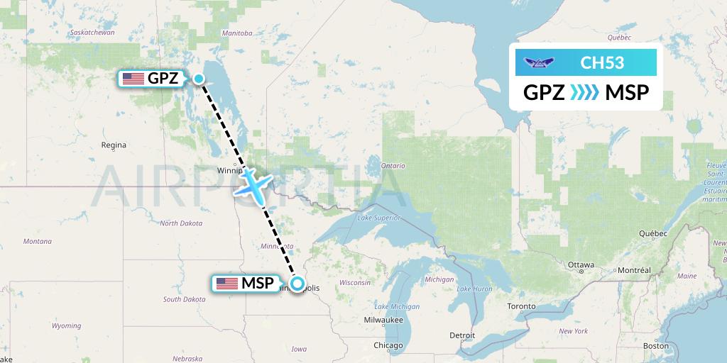 CH53 Bemidji Airlines Flight Map: Grand Rapids to Minneapolis