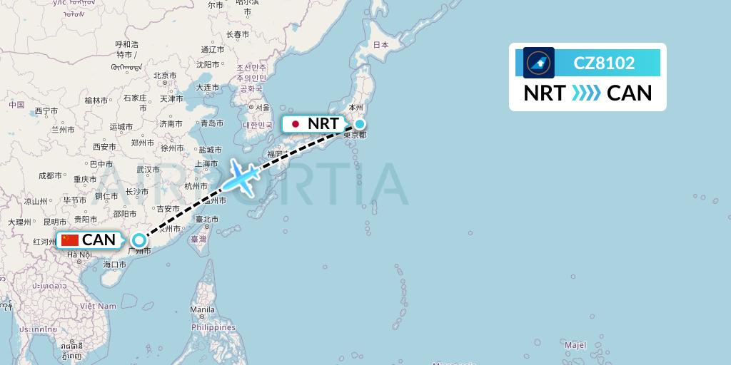 CZ8102 China Southern Airlines Flight Map: Tokyo to Guangzhou