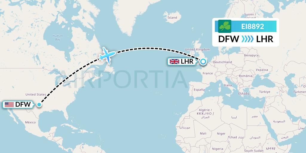EI8892 Aer Lingus Flight Map: Dallas to London