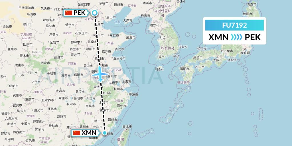FU7192 Fuzhou Airlines Flight Map: Xiamen to Beijing