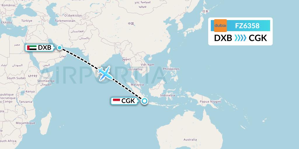 FZ6358 FlyDubai Flight Map: Dubai to Jakarta