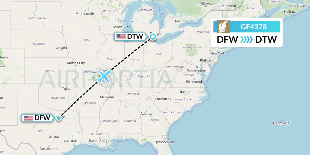 GF4378 Gulf Air Flight Map: Dallas to Detroit
