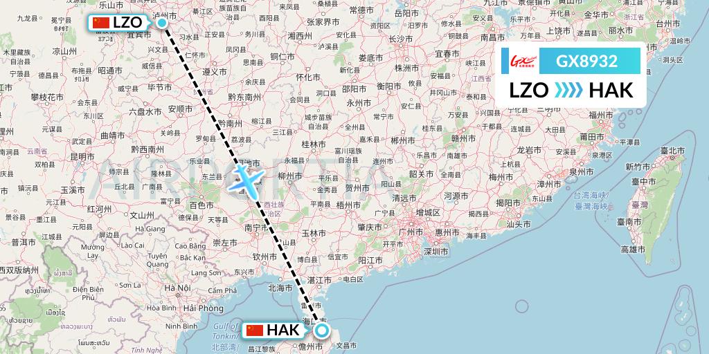 GX8932 GX Airlines Flight Map: Luzhou to Haikou