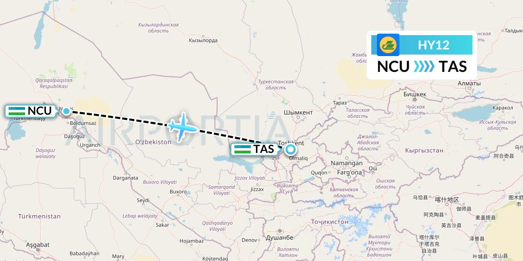 HY12 Uzbekistan Airways Flight Map: Nukus to Tashkent
