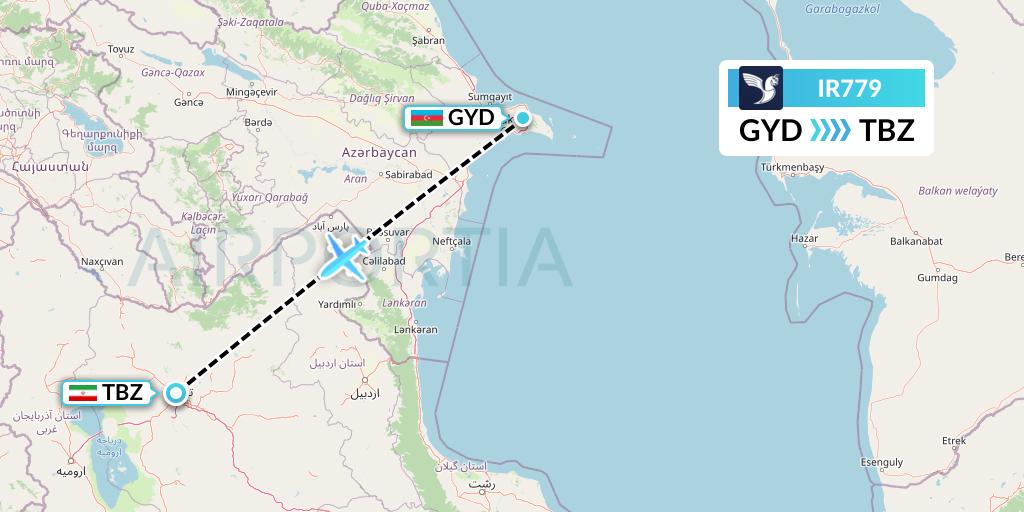 IR779 Iran Air Flight Map: Baku to Tabriz