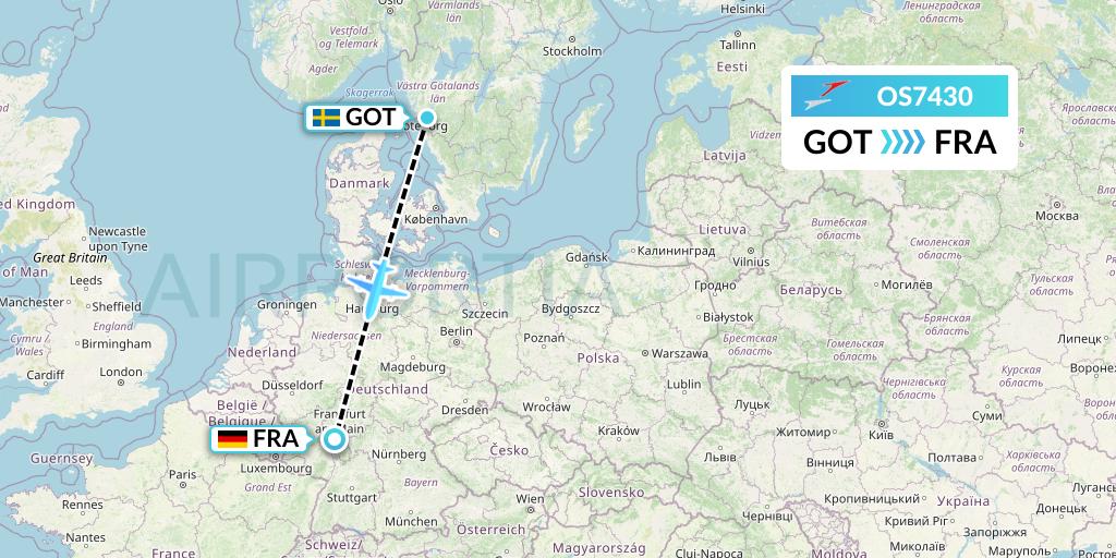 OS7430 Austrian Airlines Flight Map: Gothenburg to Frankfurt