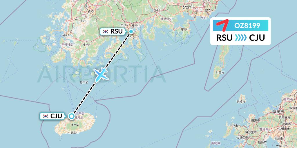 OZ8199 Asiana Airlines Flight Map: Yeosu to Jeju