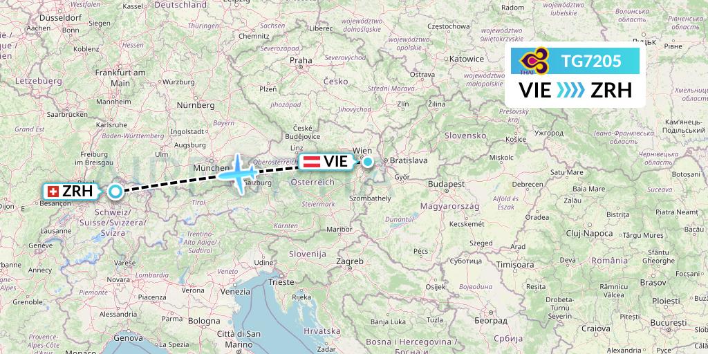 TG7205 Thai Airways Flight Map: Vienna to Zurich