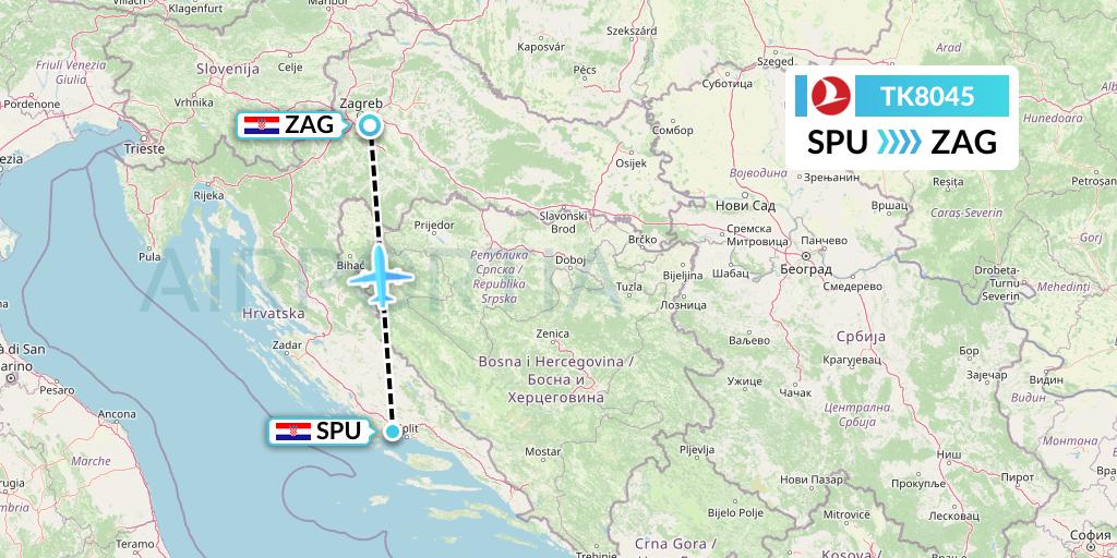 TK8045 Turkish Airlines Flight Map: Split to Zagreb