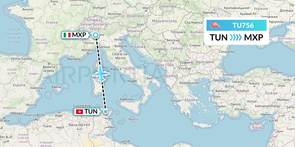 TU756 Tunisair Flight Map: Tunis to Milan