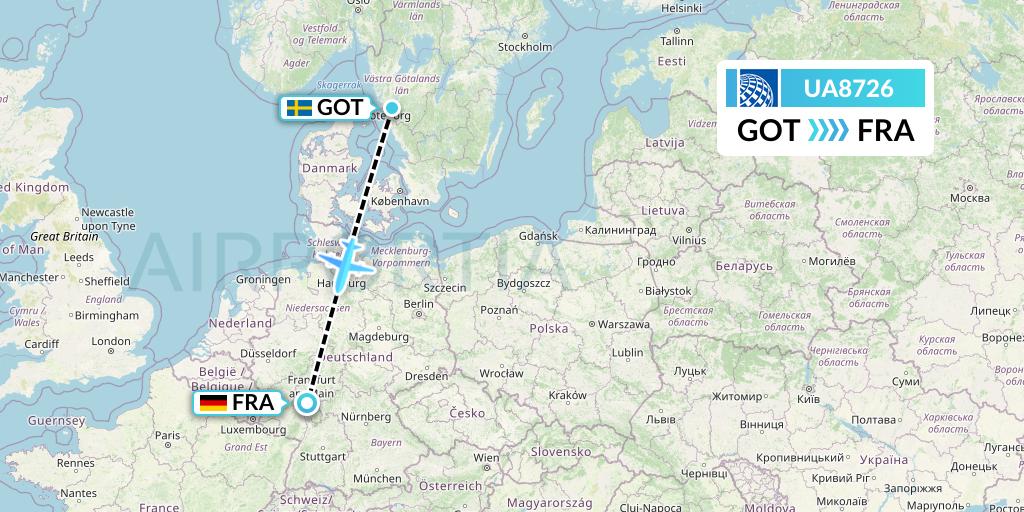UA8726 United Airlines Flight Map: Gothenburg to Frankfurt